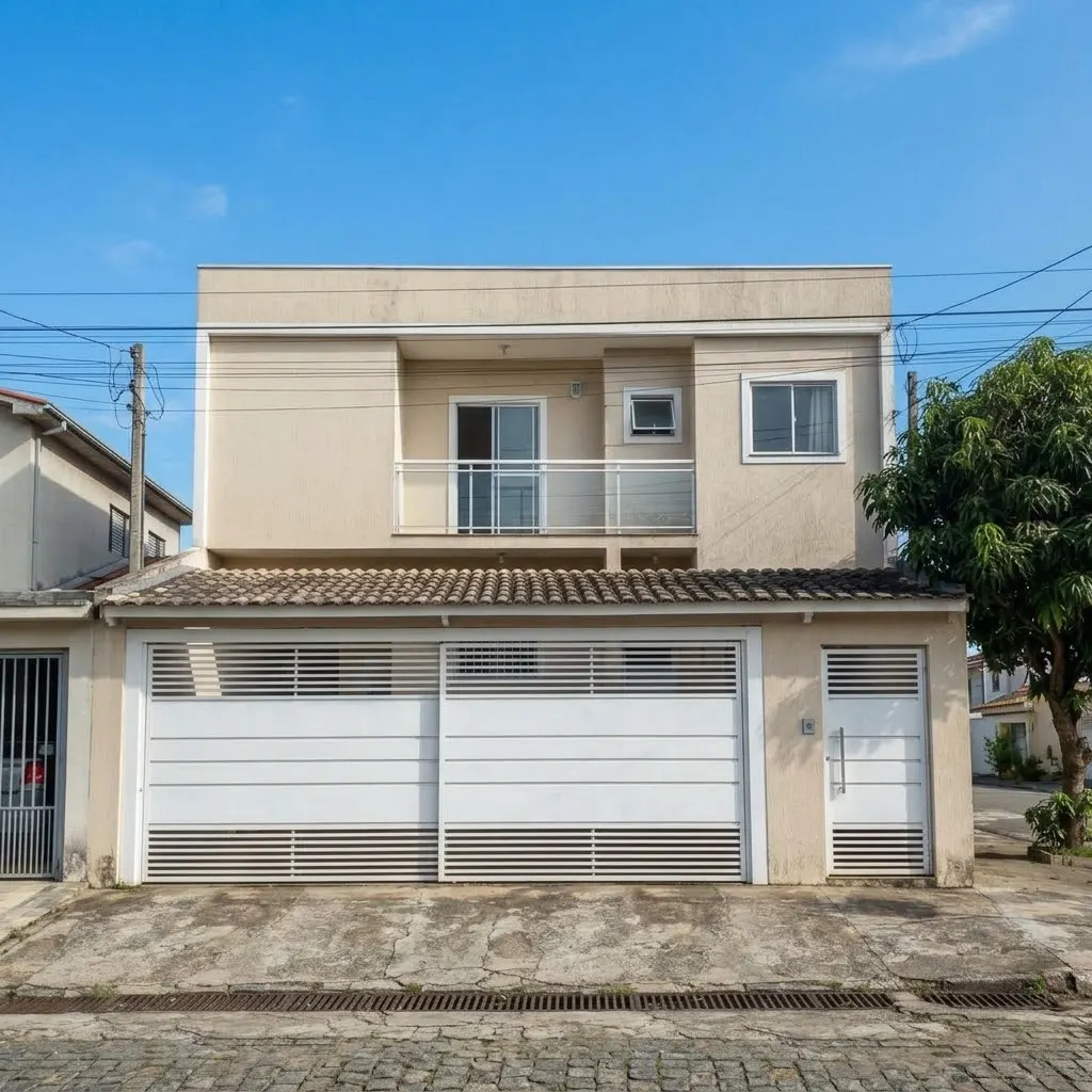 Sobrado bege com portão de garagem branco